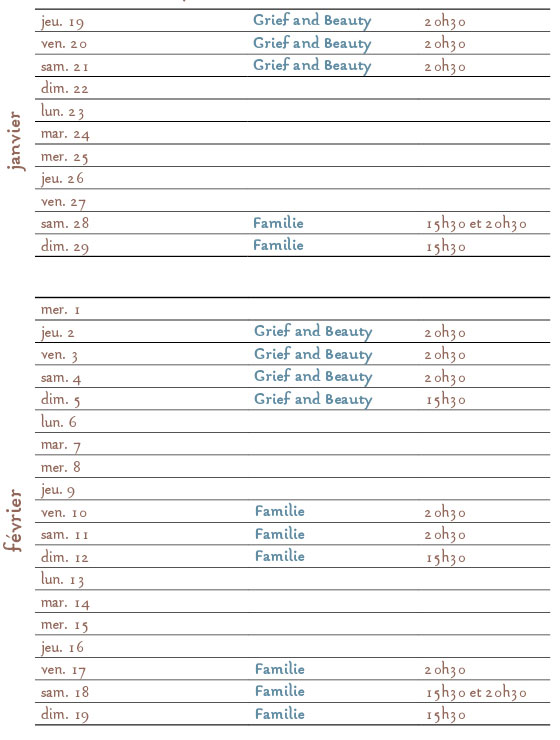 Calendrier des représentations - Trilogie de la Vie Privée